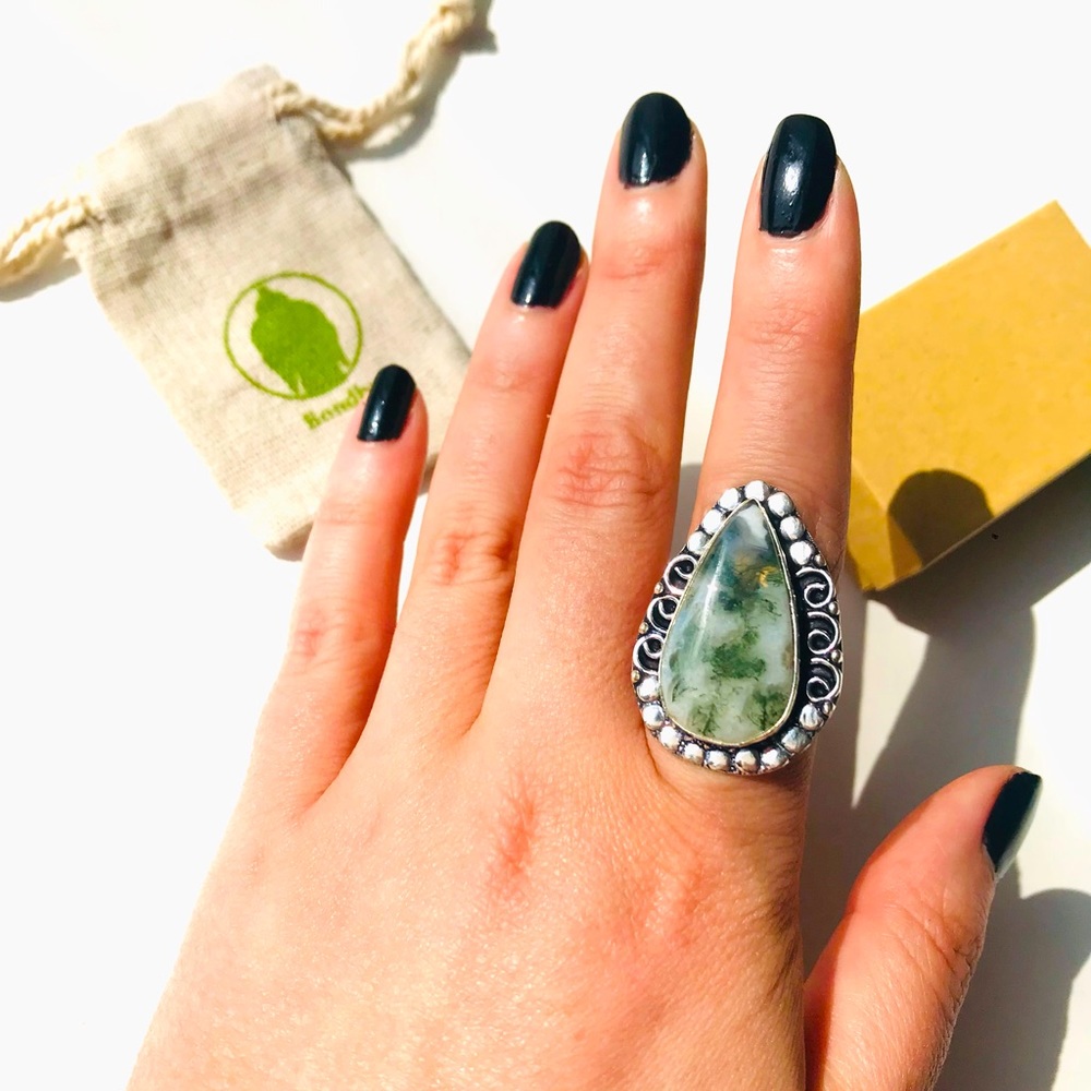Green Moss Agate & Clear Quartz Teardrop Sterling Silver 925 Ring size 8
